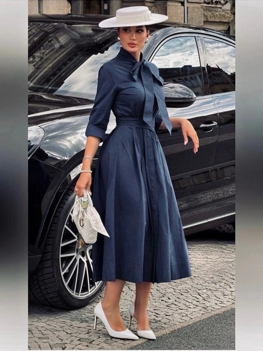 Navy Bow Front Midi Dress Like New